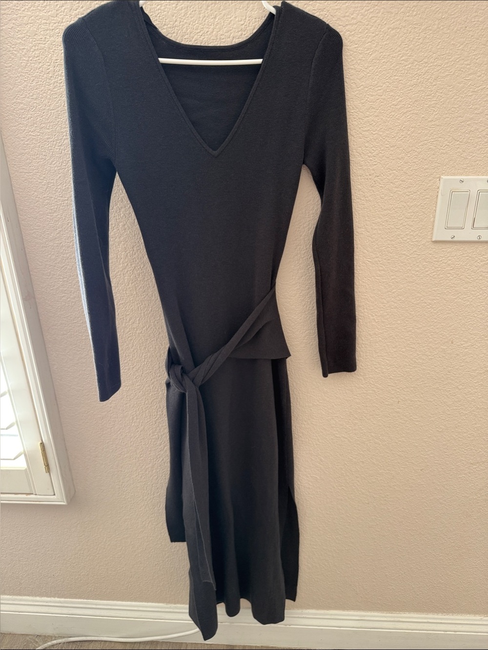 Love Bonito Black V-Neck Long Sleeve Knit Dress with Waist Tie
